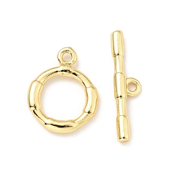 Brass Toggle Clasps, Cadmium Free & Lead Free, Round, Real 18K Gold Plated, Ring: 13.5x11x2mm, Hole: 1.2mm, Inner Diameter: 7mm, Bar: 18x4.5x2mm, hole: 1.2mm