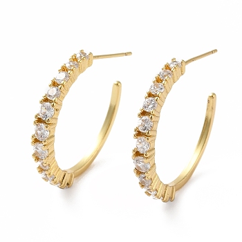 Cubic Zirconia C-shape Shape Stud Earrings, Real 18K Gold Plated Brass Half Hoop Earrings for Women, Lead Free & Cadmium Free, Clear, 24x3mm, Pin: 0.7mm