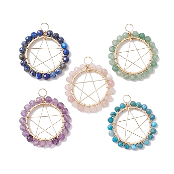 Mixed Gemstone Faceted Round Copper Wire Wrapped Pendants, Pentagram Charms, Mixed Dyed and Undyed, Golden, 30x27x3~3.5mm, Hole: 4mm