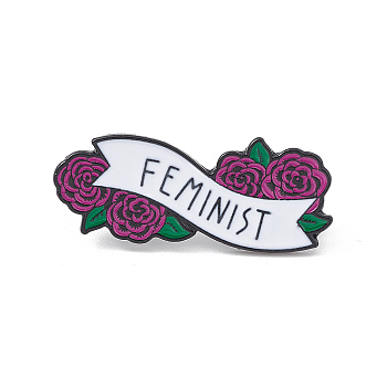 Rose Flower with Feminist Enamel Pin, Electrophoresis Black Alloy Feminism Brooch for Backpack Clothes, Old Rose, 15.5x37.5x1.5mm, Pin: 1mm