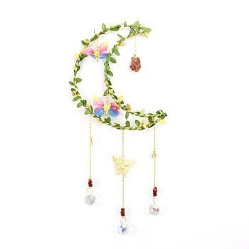 Crystals Moon Chakra Hanging Pendants Decoration, with Natural Red Quartz Chips and Brass Findings, for Home, Garden Decoration, 500mm