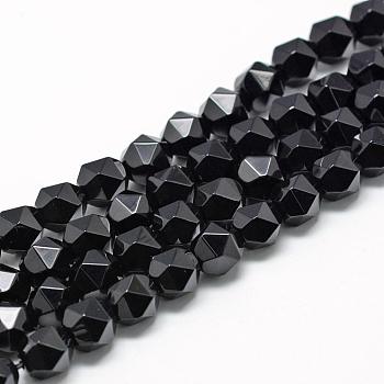 Natural Black Onyx Beads Strands, Star Cut Round Beads, Faceted, 6~7x5~6mm, Hole: 1mm, about 64~66pcs/strand, 15.3 inch