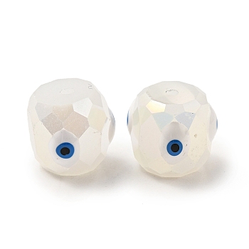 Opaque Glass Beads, with Enamel, Faceted, Drum with Evil Eye Pattern, White, 10.5x10.5mm, Hole: 1.6mm