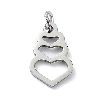 304 Stainless Steel Pendants, with Jump Rings, Laser Cut, Heart Charm, Stainless Steel Color, 15.5x9.5x1mm, Hole: 3mm