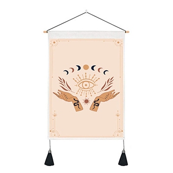 Tarot Pattern Polycotton Wall Hanging Tapestry, Vertical Tapestry, with Wood Rod & Iron Traceless Nail & Cord, for Home Decoration, Rectangle with Palm/Eye Pattern, Sandy Brown, 500x350mm
