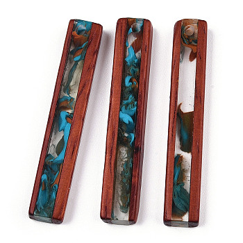 Transparent Resin & Wood Pendants, Two-Tone, Rectangle Charm, Dark Turquoise, 45~47x7~9x4.5mm, Hole: 2mm