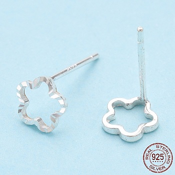 925 Sterling Silver Hollow Plum Blossom Stud Earrings, with S925 Stamp, Silver, 6x6.5mm, Pin: 0.8mm