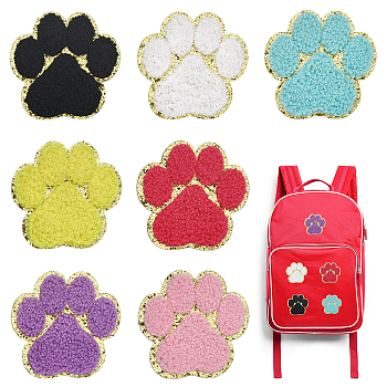 CHGCRAFT 28Pcs 7 Colors Towel Embroidery Style Cloth Self-Adhesive/Sew on Patches, Appliques, Badges, for Clothes, Dress, Hat, Jeans, Paw Print, Mixed Color, 6.9x7.1x0.25cm