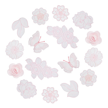 16Pcs 8 Style Polyester Lace Computerized Embroidery Ornament Accessories, for DIY Clothes, Bag, Pants, Shoes Decoration, Flower & Leaf & Butterfly, Pink, 28~84x27~125x0.5~6mm, 2pcs/style