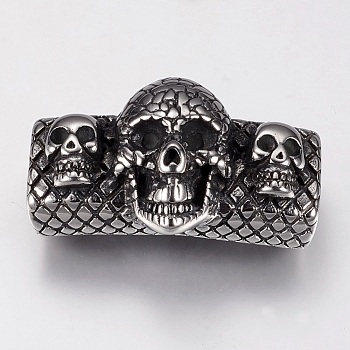 304 Stainless Steel Slide Charms, Rectangle with Skull, Antique Silver, 24x38x18mm, Hole: 7x13mm