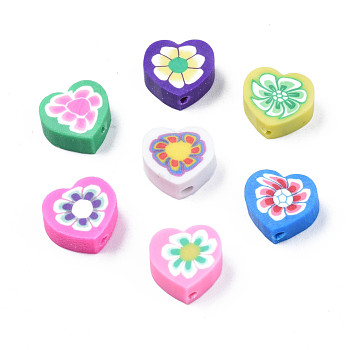 Handmade Polymer Clay Beads, Heart with Flower Pattern, Mixed Color, 9x9~10x4~5mm, Hole: 1.5mm