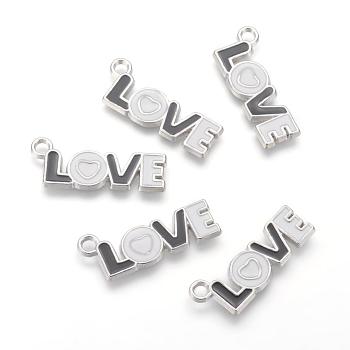 Alloy Enamel Pendants, Lead Free and Cadmium Free, Word Love, Platinum Color, White and Black, 32x11x2mm, Hole: 3mm