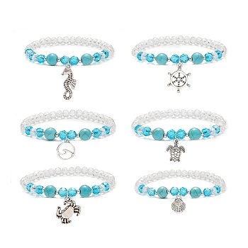 6Pcs 6 Style Synthetic Turquoise & Glass Beaded Stretch Bracelets Set, Sea Horse & Helm & Tortoise & Crab & Shell Shape Zinc Alloy Charms Stackable Bracelets for Women, Inner Diameter: 2 inch(5.1cm), 1Pc/style