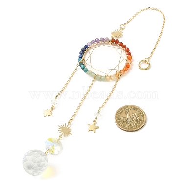 Wire Wrapped Chakra Gemstone & Brass Pendant Decorations(HJEW-TA00075-03)-3