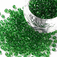 (Repacking Service Available) Glass Seed Beads, Transparent, Round, Dark Goreen, 8/0, 3mm, Hole: 1mm, about 12G/bag(SEED-C013-3mm-7B)