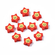 Handmade Polymer Clay Beads, Star with Smiling Face, Red, 7.5~9x8.5~9x3.5~4mm, Hole: 1.6mm(CLAY-N011-45A-03)