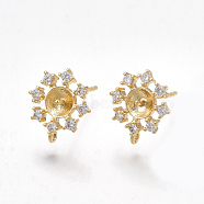 Brass Stud Earring Findings, For Half Drilled Beads, with Loop, Cubic Zirconia, Nickel Free, Real 18K Gold Plated, Flower, Clear, 10x8.5mm, Hole: 0.8mm, Pin: 0.8mm(KK-T038-475G)