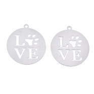 201 Stainless Steel Pendants, Etched Metal Embellishments, Flat Round with Word Love & Dog Footprint, Stainless Steel Color, 33x30x0.2mm, Hole: 1.8mm(X-STAS-R114-005P)