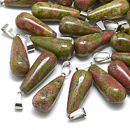 Natural Unakite Pendants, with Stainless Steel Snap On Bails, teardrop, 28~30x10~12mm, Hole: 6x4mm(X-G-T081-08)