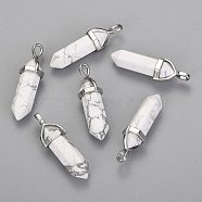 Natural Howlite Double Terminated Pointed Pendants, with Random Alloy Pendant Hexagon Bead Cap Bails, Bullet, Platinum, 36~45x12mm, Hole: 3x5mm, Gemstone: 10mm in diameter(G-F295-04F)