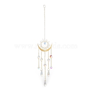 Brass Big Pendant Decorations, Hanging Suncatchers, with Octagon/Cone Glass Beads and Iron Findings, for Home Window Decoration, Moon, 397mm, pendant: 231x69.5x12mm.(HJEW-M005-04C-G)