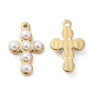 ABS Plastic Imitation Pearl Pendants, with Tone Real 18K Gold Plated 201 Stainless Steel Findings, Cross Charm, White, 21x13.5x4.5mm, Hole: 1mm(STAS-J401-VC999)