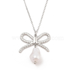 304 Stainless Steel & Plastic Pearl Bowknot Pendant Cable Chain Necklaces, Stainless Steel Color, 15.67 inch(39.8cm)(NJEW-H044-09P)