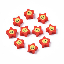 Handmade Polymer Clay Beads, Star with Smiling Face, Red, 7.5~9x8.5~9x3.5~4mm, Hole: 1.6mm(CLAY-N011-45A-03)