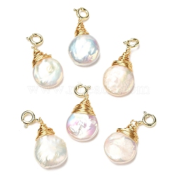 Wire Wrapped Pearl Teardrop Pendant Decorations, with Brass Spring Ring Clasps, Real 14K Gold Plated, 26mm(KK-H445-05G)
