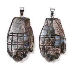 Natural Labradorite Carved Pendants, Hand Charms with Platinum Platinum Tone Metal Snap on Bails, 44x23x5mm, Hole: 7x4mm(G-K369-01P-01)