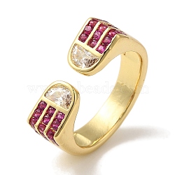 Arch Rack Plating Brass Micro Pave Cubic Zirconia Cuff Rings for Women, Cadmium Free & Lead Free, Long-Lasting Plated, Real 18K Gold Plated, Deep Pink, Inner Diameter: 17mm(RJEW-G323-09G-02)