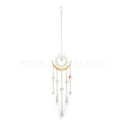 Brass Big Pendant Decorations, Hanging Suncatchers, with Octagon/Cone Glass Beads and Iron Findings, for Home Window Decoration, Moon, 397mm, pendant: 231x69.5x12mm.(HJEW-M005-04C-G)