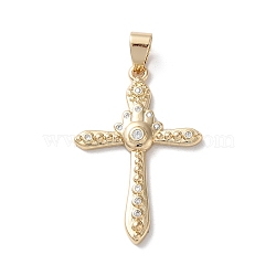 Brass Micro Pave Clear Cubic Zirconia Pendants, Cross, Real 18K Gold Plated, 34x23x3mm, Hole: 6x3.5mm(KK-A212-09A-G)