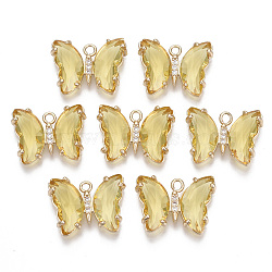 Glass Pendants, with Micro Pave Cubic Zirconia and Brass Open Back Settings, Faceted, Butterfly, Light Gold, Yellow, 15.5x20x4mm, Hole: 1.8mm(GLAA-T021-24H)