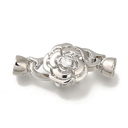 Brass Micro Pave Clear Cubic Zirconia Fold Over Clasps, Flower, Platinum, 30mm(KK-H480-32P)