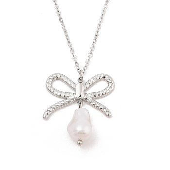 304 Stainless Steel & Plastic Pearl Bowknot Pendant Cable Chain Necklaces, Stainless Steel Color, 15.67 inch(39.8cm)