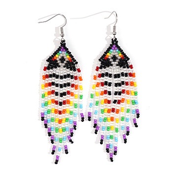 Bohemian Rainbow Tassel Dangle Earrings, Handmade Ethnic Style Beaded Ear Accessories, Platinum, 105x30mm