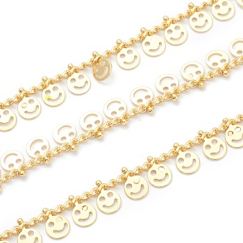 Brass Curb Chain, Twisted Chain, with Flat Round Smiling Face Charms, Long-Lasting Plated, with Spool, Soldered, Golden, 7x5x0.5mm, 32.8 Feet(10m)/roll