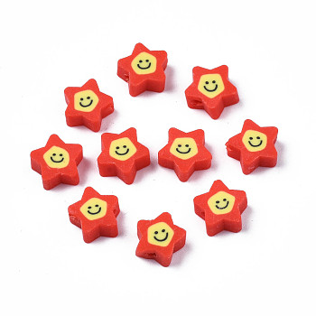 Handmade Polymer Clay Beads, Star with Smiling Face, Red, 7.5~9x8.5~9x3.5~4mm, Hole: 1.6mm