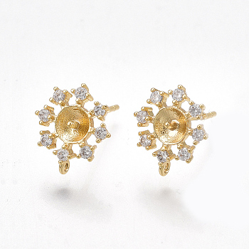 Brass Stud Earring Findings, For Half Drilled Beads, with Loop, Cubic Zirconia, Nickel Free, Real 18K Gold Plated, Flower, Clear, 10x8.5mm, Hole: 0.8mm, Pin: 0.8mm