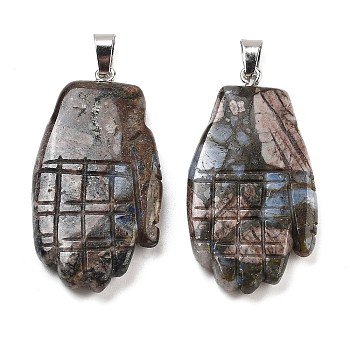 Natural Labradorite Carved Pendants, Hand Charms with Platinum Platinum Tone Metal Snap on Bails, 44x23x5mm, Hole: 7x4mm