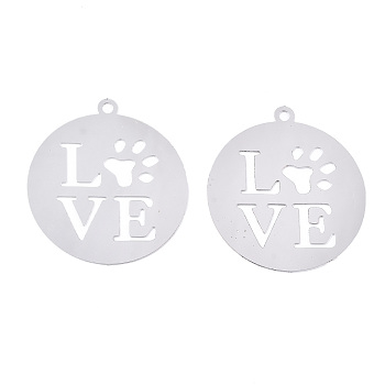 201 Stainless Steel Pendants, Etched Metal Embellishments, Flat Round with Word Love & Dog Footprint, Stainless Steel Color, 33x30x0.2mm, Hole: 1.8mm