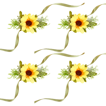 4Pcs Cloth Imitation Sunflower Wrist Corsages, with Silk Ribbon, for Wedding, Party Decorations, Yellow, 762mm