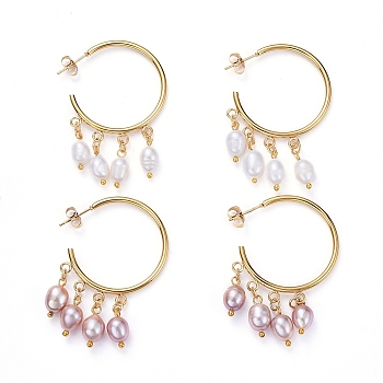 Dangle Chandelier Earrings, with Natural Cultured Freshwater Pearl Beads, 304 Stainless Steel Stud Earring Findings and Brass Findings, Mixed Color, Golden, 47x37x6mm, Pin: 0.6mm, 2pairs/set