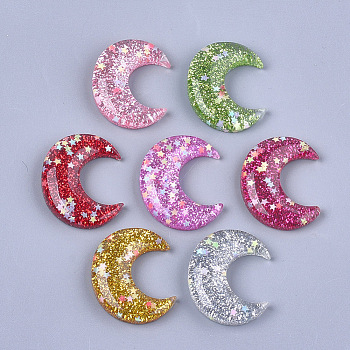 Resin Cabochons, with Paillette, Moon, Mixed Color, 38~38.5x30.5~31x7.5~8mm