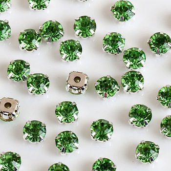 Sew on Rhinestone, Glass Rhinestone, with Iron Prong Settings, Garments Accessories, Faceted, Flat Round, Silver, Fern Green, 5.3x5.3x4.2mm, Hole: 0.9mm, about 720pcs/bag