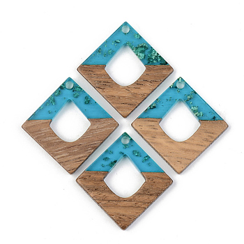 Transparent Resin & Walnut Wood Pendants, with Gold Foil, Rhombus, Dark Turquoise, 27.5x27.5x3mm, Hole: 2mm, Side Length: 19.5mm