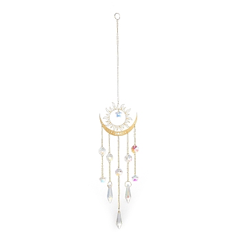 Brass Big Pendant Decorations, Hanging Suncatchers, with Octagon/Cone Glass Beads and Iron Findings, for Home Window Decoration, Moon, 397mm, pendant: 231x69.5x12mm.