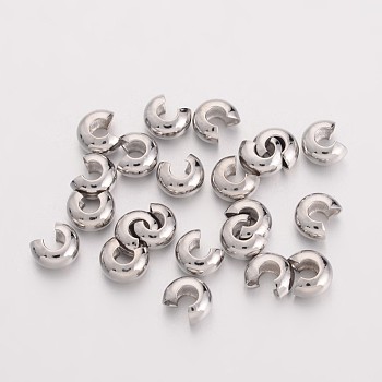Brass Crimp Beads Covers, Ringent Round, Platinum, About 4mm In Diameter, 3mm Thick, Hole: 1.5mm, about 226pcs/20g