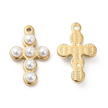ABS Plastic Imitation Pearl Pendants, with Tone Real 18K Gold Plated 201 Stainless Steel Findings, Cross Charm, White, 21x13.5x4.5mm, Hole: 1mm